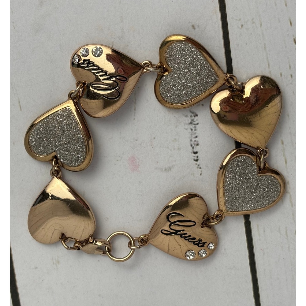 Guess Rose Gold Tone Heart Bracelet Glitter Rhinestone Logo Script Charm P232